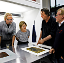 Ole Larsen, Queen Sonja, Kjell Nupen and Ørnulf Opdahl working on the project. Published 25.06 2011. Handout picture from the Royal Court. For editorial use only - not for sale. Photo: Rolf M. Aagaard / the Royal Court.  